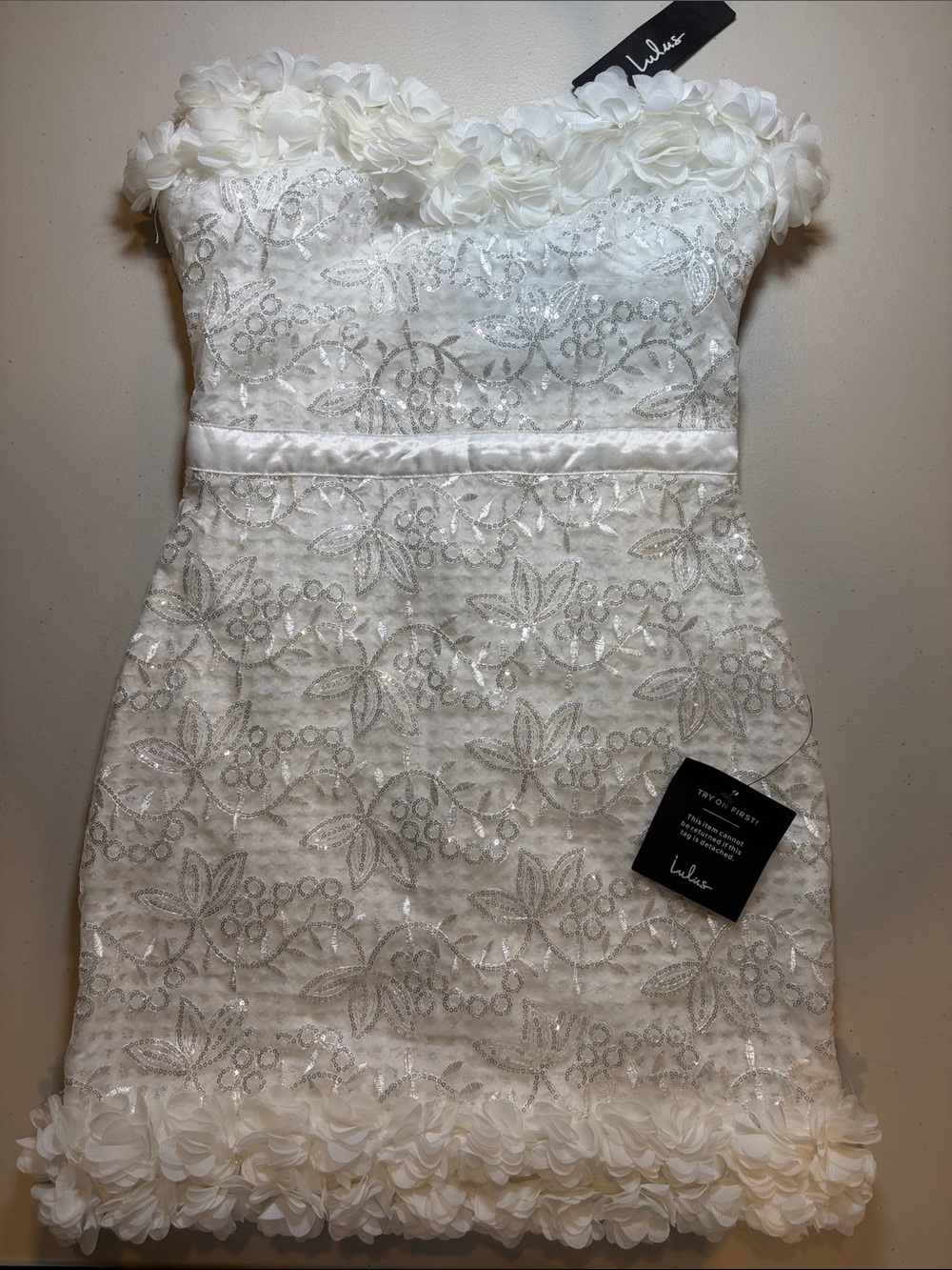 NWT Homecoming Dress - Lulu's white Floral Strapless Sequin Lace Dress